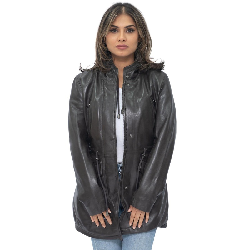 Womens Brown Leather Hooded Mid Length Parka Jacket