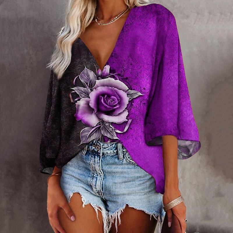 Womens Half Sleeve Loose Top Blouse Ladies Summer Print  V Neck Shirt Plus Size